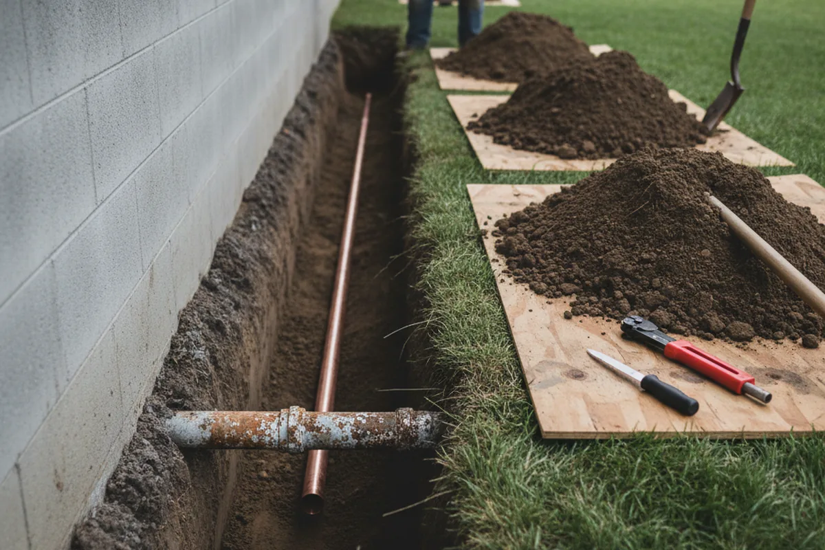 Excavated water line trench during Water Heater Repair in Hughson